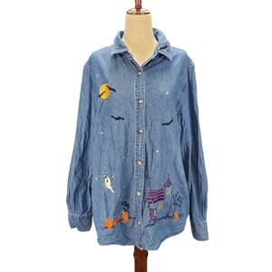Vintage Holiday Editions Halloween Denim Embroidered Button Down Top - Large